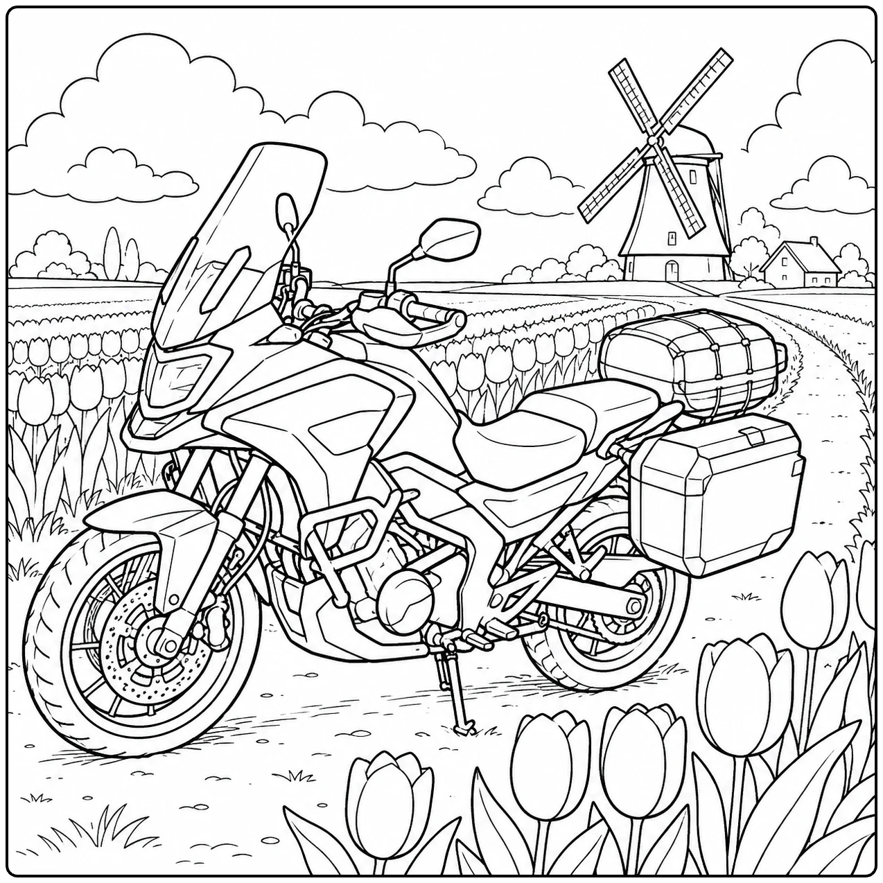 Toermotor tussen tulpen en een windmolen in een kleurplaat motor yamaha