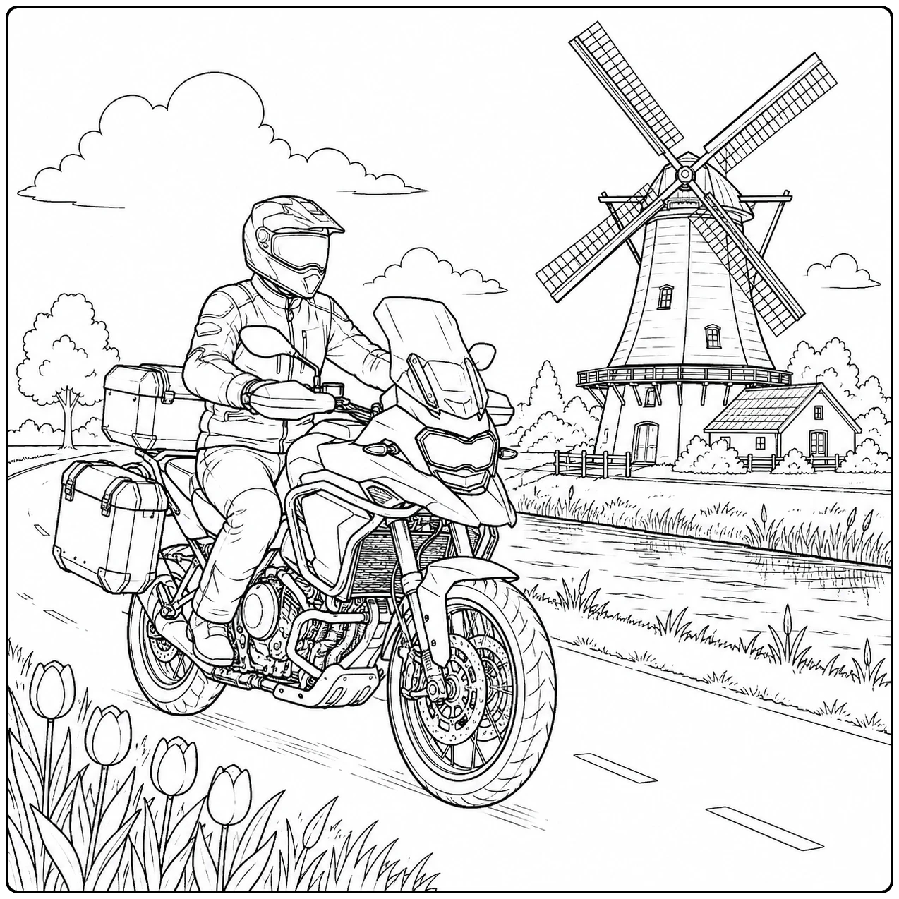 Motorrijder passeert een Nederlandse windmolen en tulpen op een kleurplaat motor ducati.