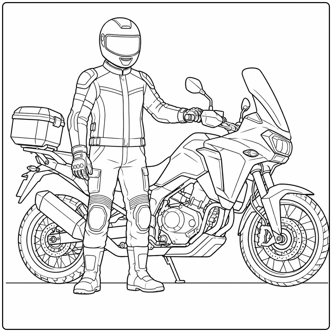 Volledig uitgeruste motorrijder staat naast een hoge adventuremotor met bagagekoffers