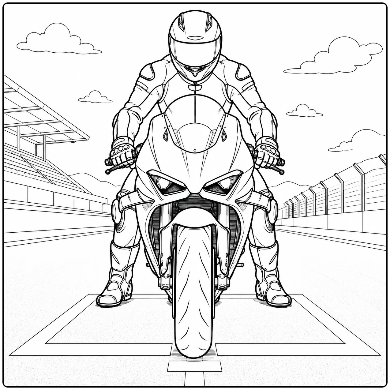 Motorrijder en sportmotor frontaal op de startgrid, met tribunes en baanhekken ernaast.
