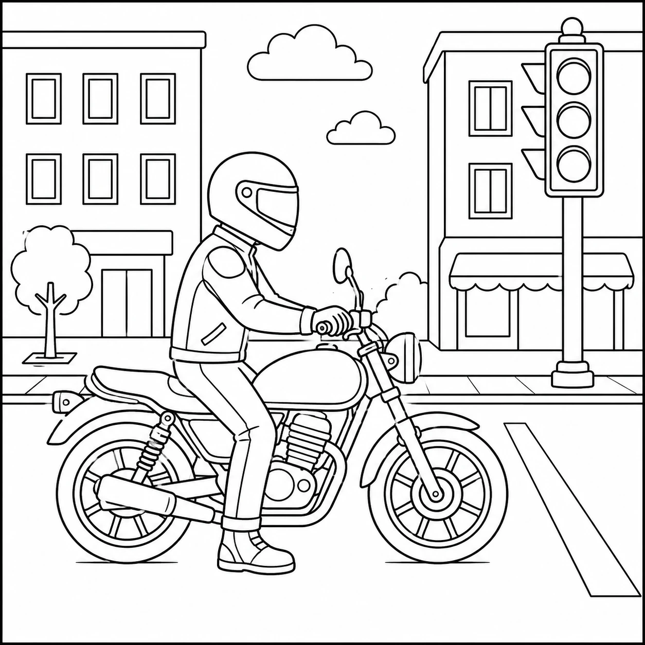 Motorrijder met helm wacht bij een verkeerslicht tussen eenvoudige stadsgebouwen en wegmarkeringen