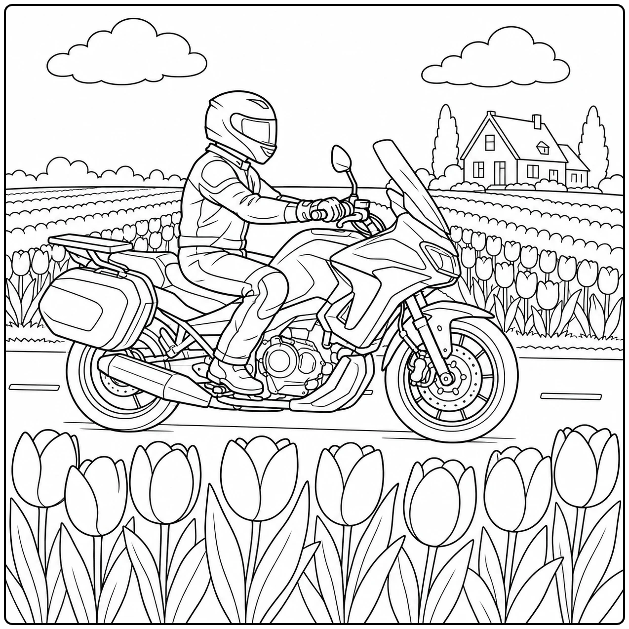 Motorrijder rijdt langs een veld vol tulpen met akkers en Nederlandse huizen in de verte