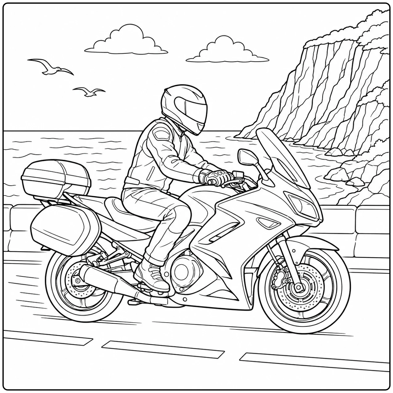 Toermotor met berijder langs de kust, met zee, vogels en steile rotsen op de achtergrond