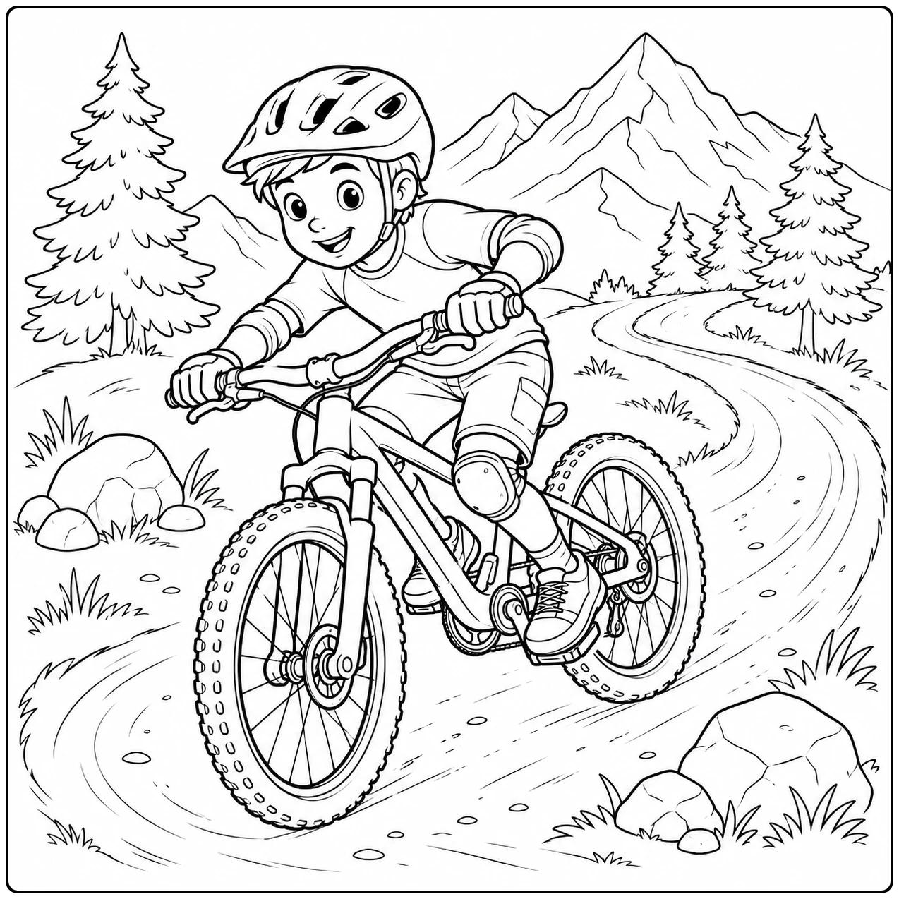 Jonge mountainbiker rijdt over een bochtig bospad met dennen, rotsen en bergen op de achtergrond