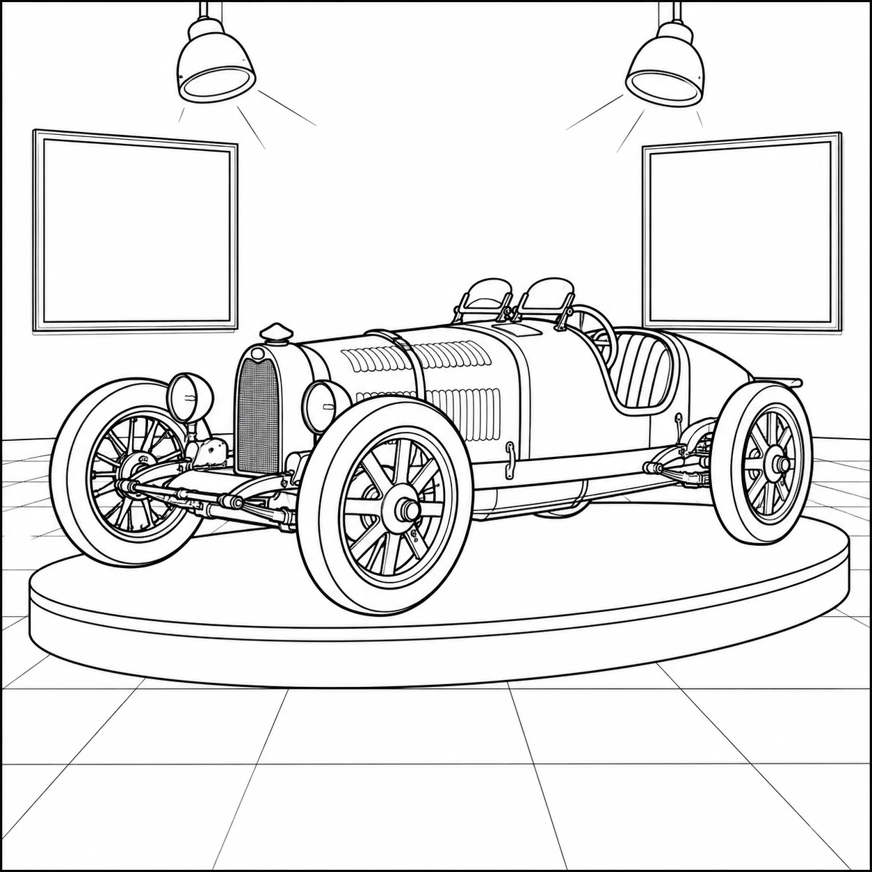 kleurplaat auto bugatti met klassiek raceontwerp op een rond museumplatform onder lampen.