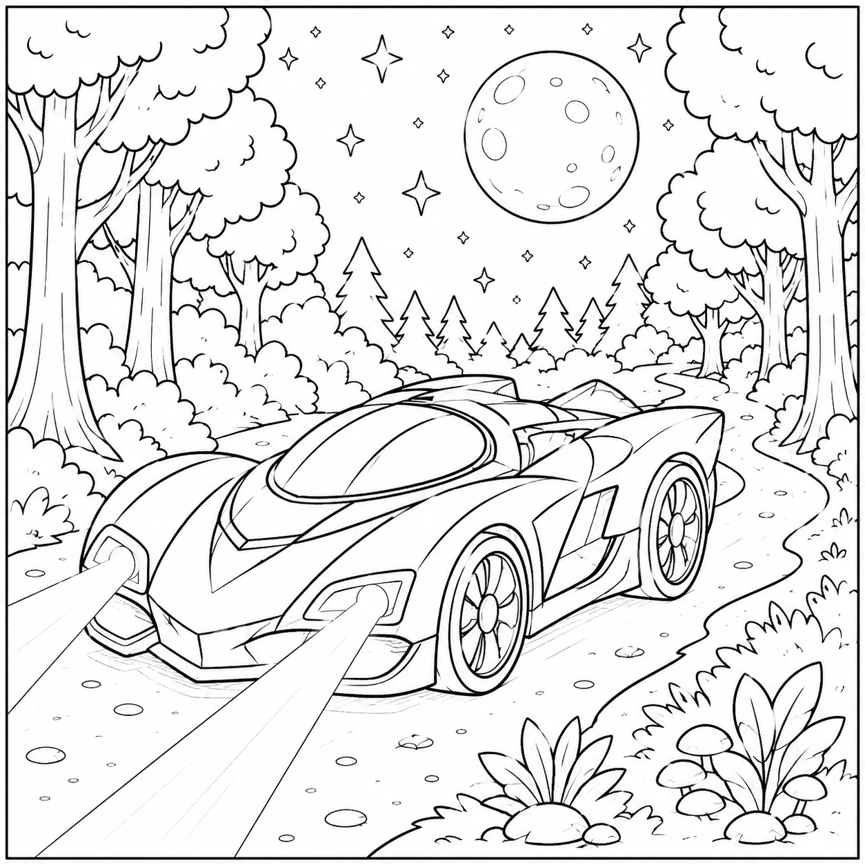 Elegante superauto op een rustig bospad met maanlicht en sterren