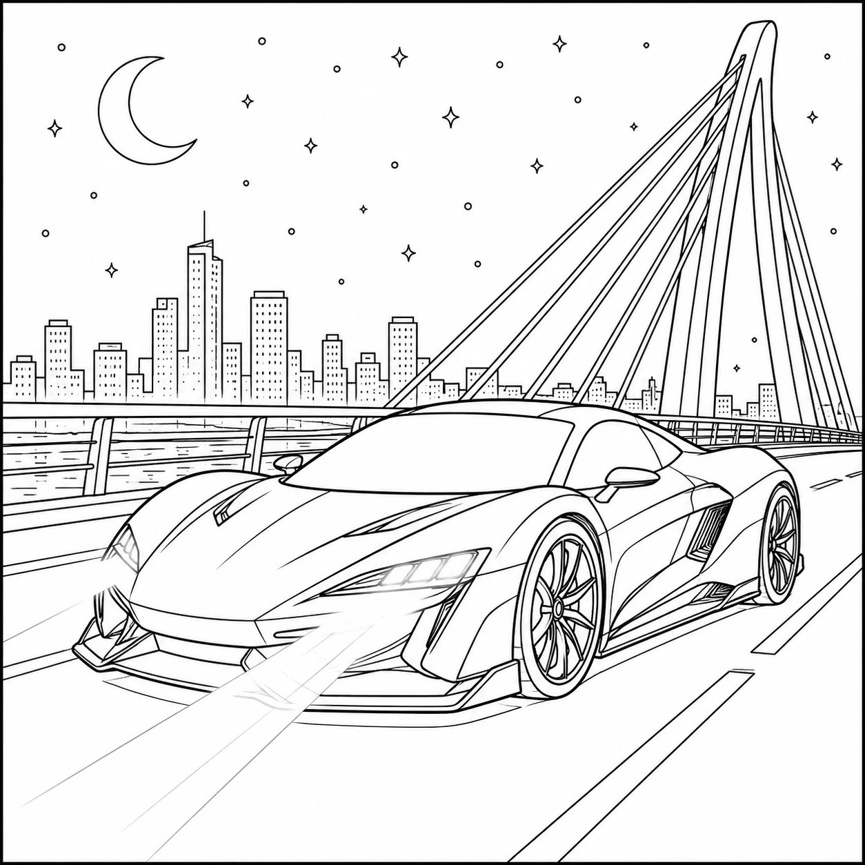 Elegante raceauto op een brug met een nachtelijke skyline op de achtergrond