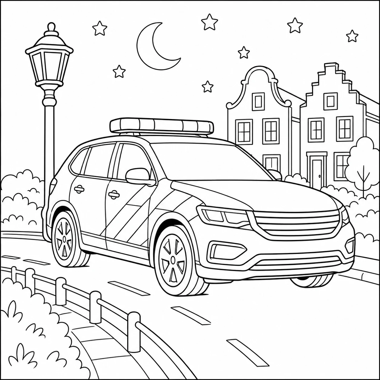 Kleurplaat politieauto tijdens een stille nachtpatrouille met maan, sterren en een hoge lantaarn.