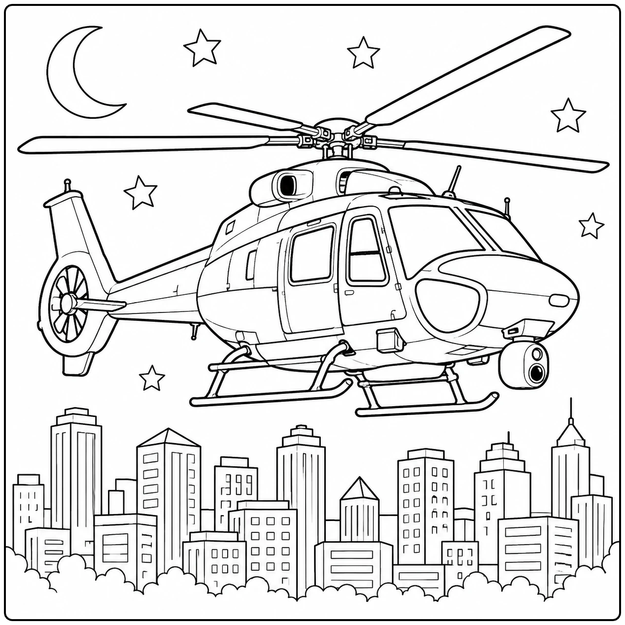 Politiehelikopter vliegt boven een nachtelijke skyline met halve maan, sterren en brede rotorbladen