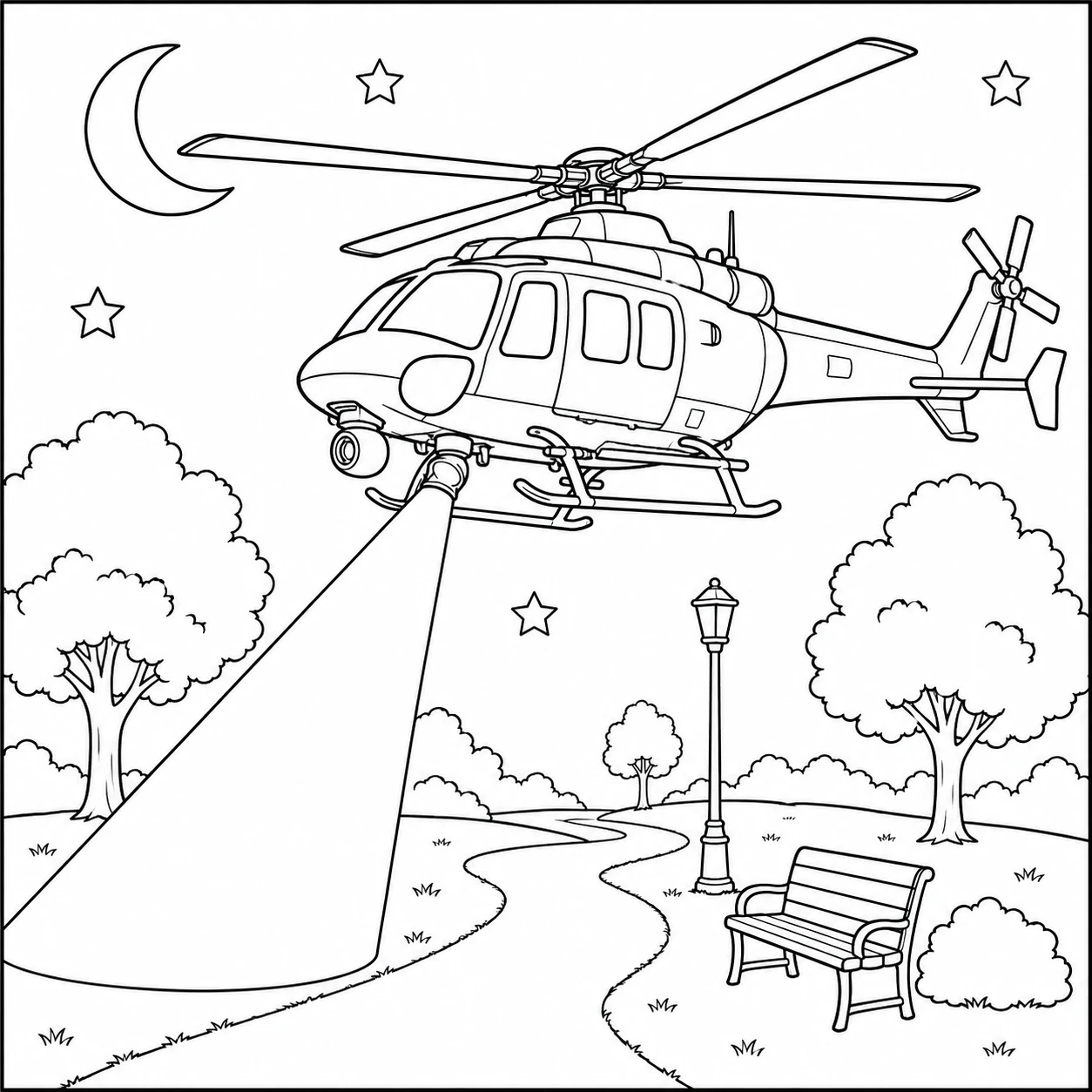 Nachtelijke kleurplaat helikopter met zoeklicht boven een parkpad, maan, sterren en bomen