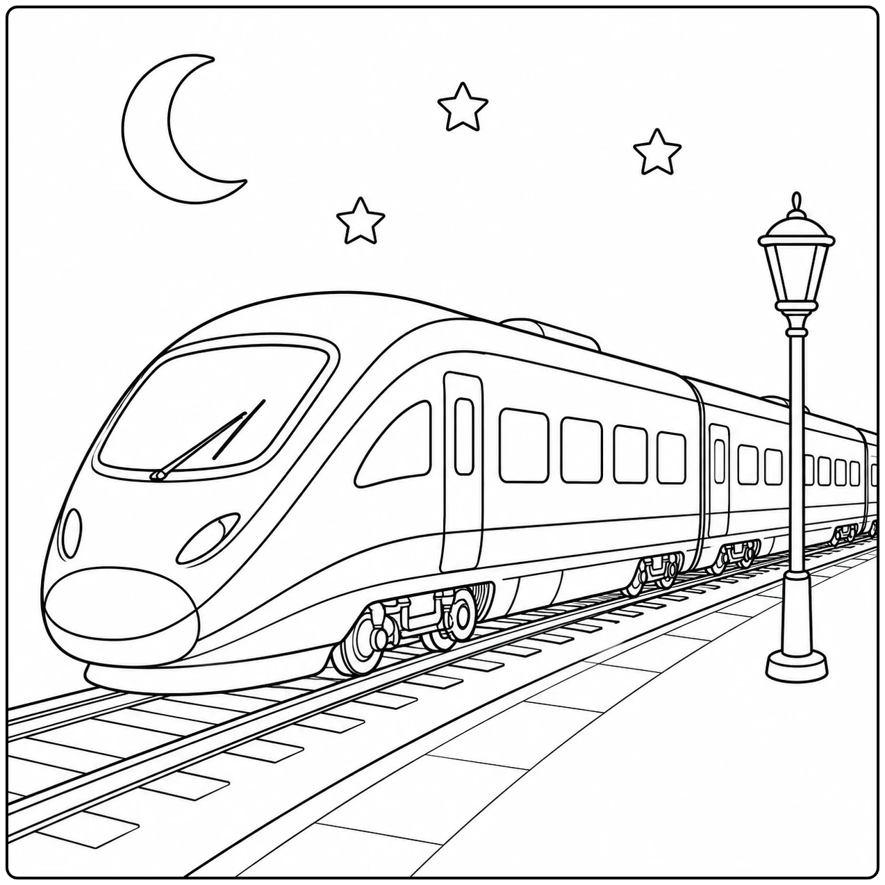 Snelle trein bij een verlicht perron onder maan en sterren, passend bij Moderne en Hogesnelheidstrein Kleurplaat