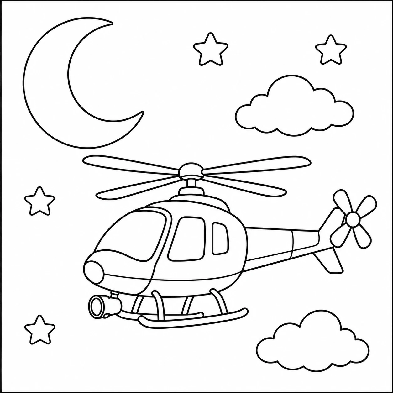 Politiehelikopter vliegt onder een halve maan tussen sterren, wolken en een open nachtelijke hemel