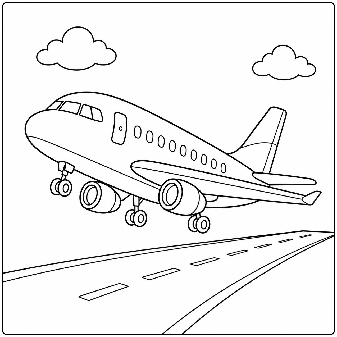 Passagiersvliegtuig boven een landingsbaan en wolken, een scène uit Makkelijke vliegtuig kleurplaten