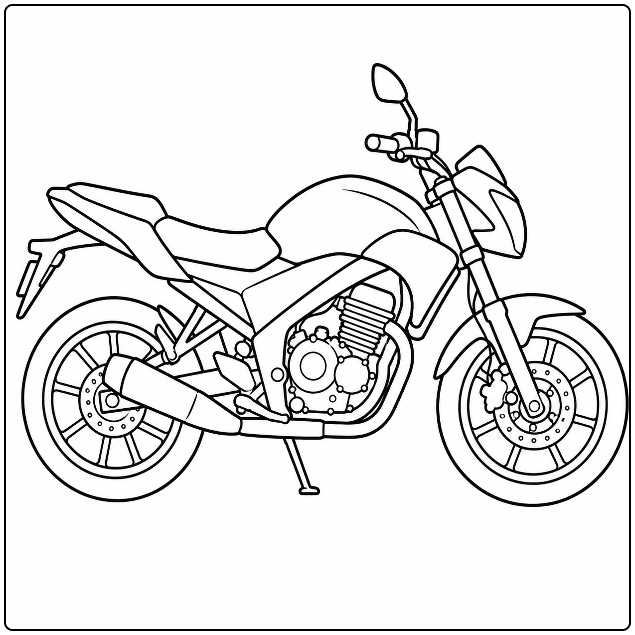 Zijaanzicht van een naked motor met zichtbaar motorblok, als honda motor kleurplaat met strakke lijnen