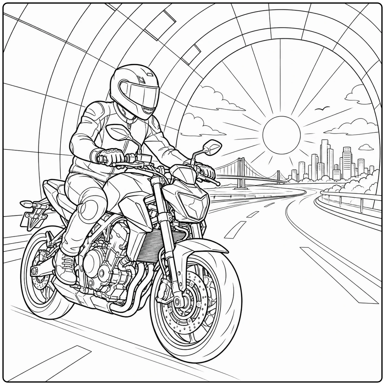Een rijder op een naked bike rijdt over een open weg; kleurplaat motor ducati met zonnestralen.