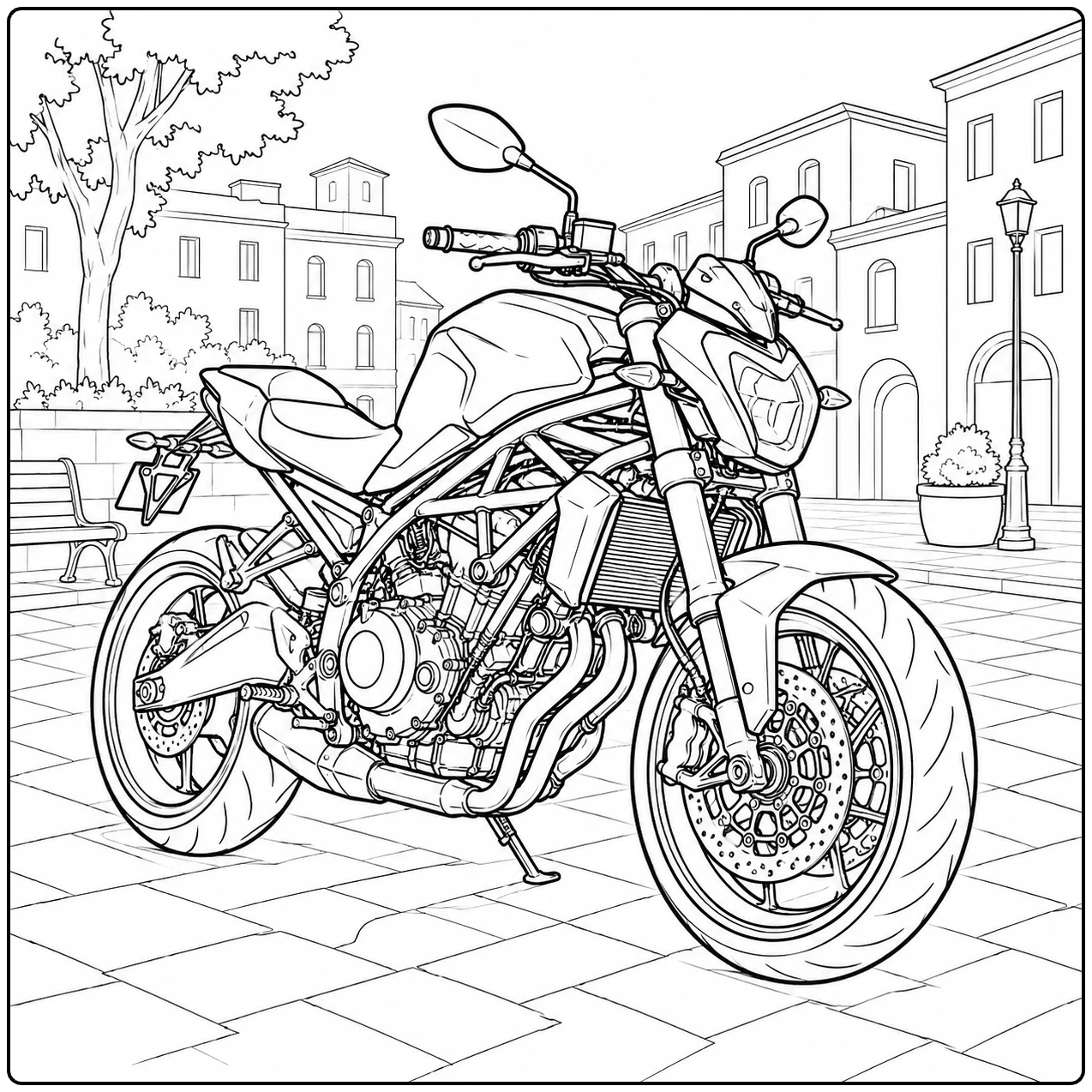 Naked streetmotor met zichtbaar motorblok op een geplaveid plein tussen bomen en gebouwen.