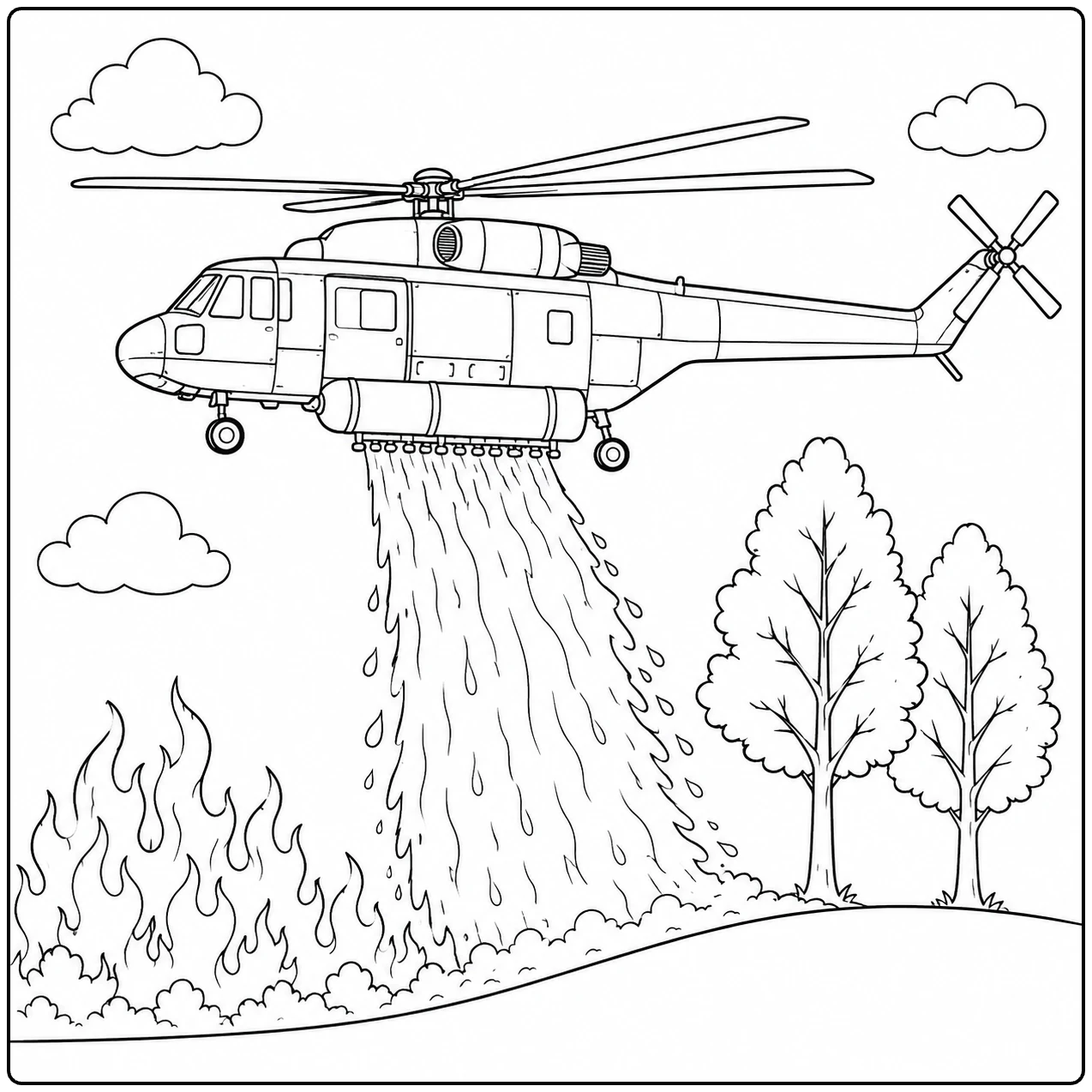 Blushelikopter sproeit water over een natuurbrand naast enkele kale bomen