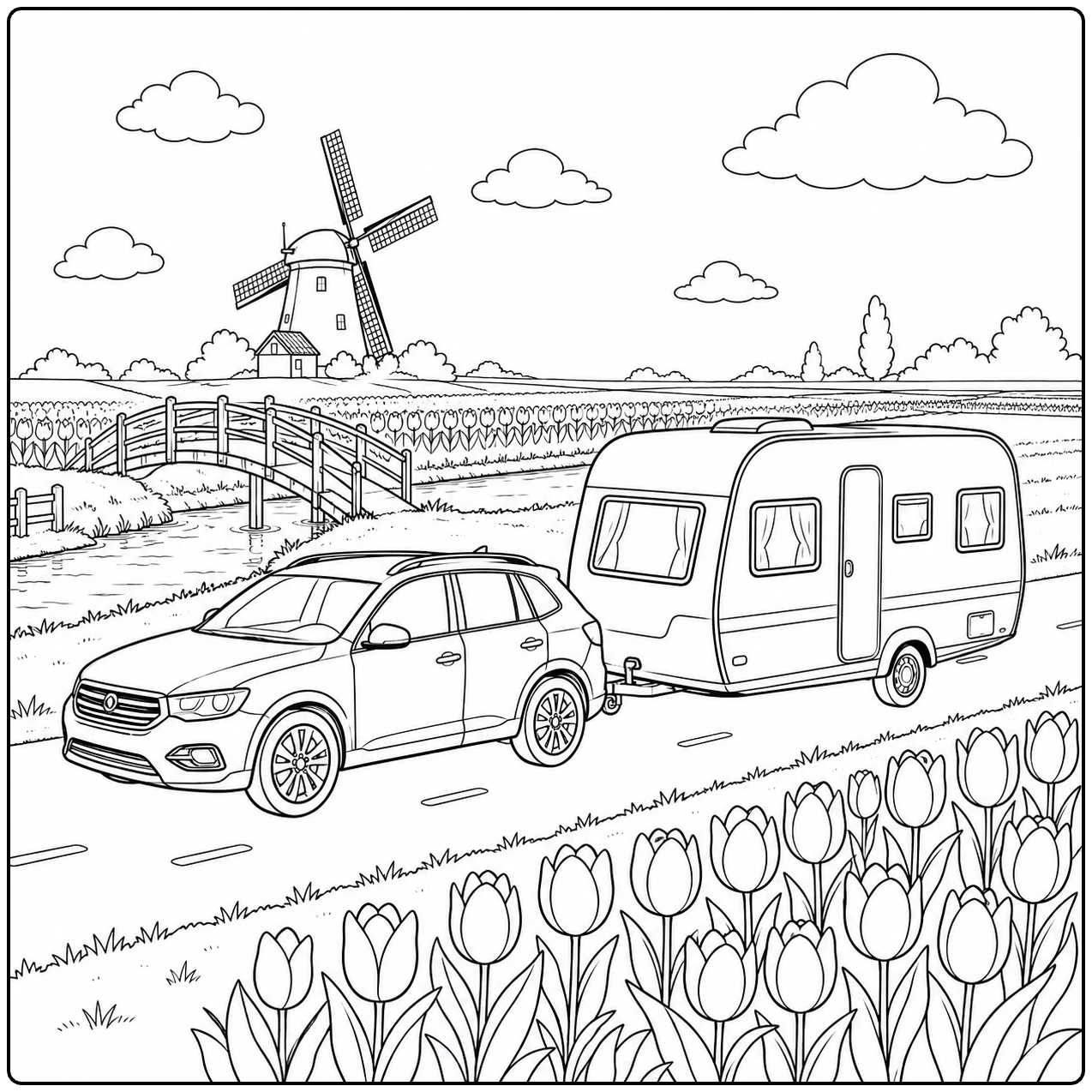 Een auto trekt een kleurplaat caravan langs tulpenvelden, een kanaal en een molen.
