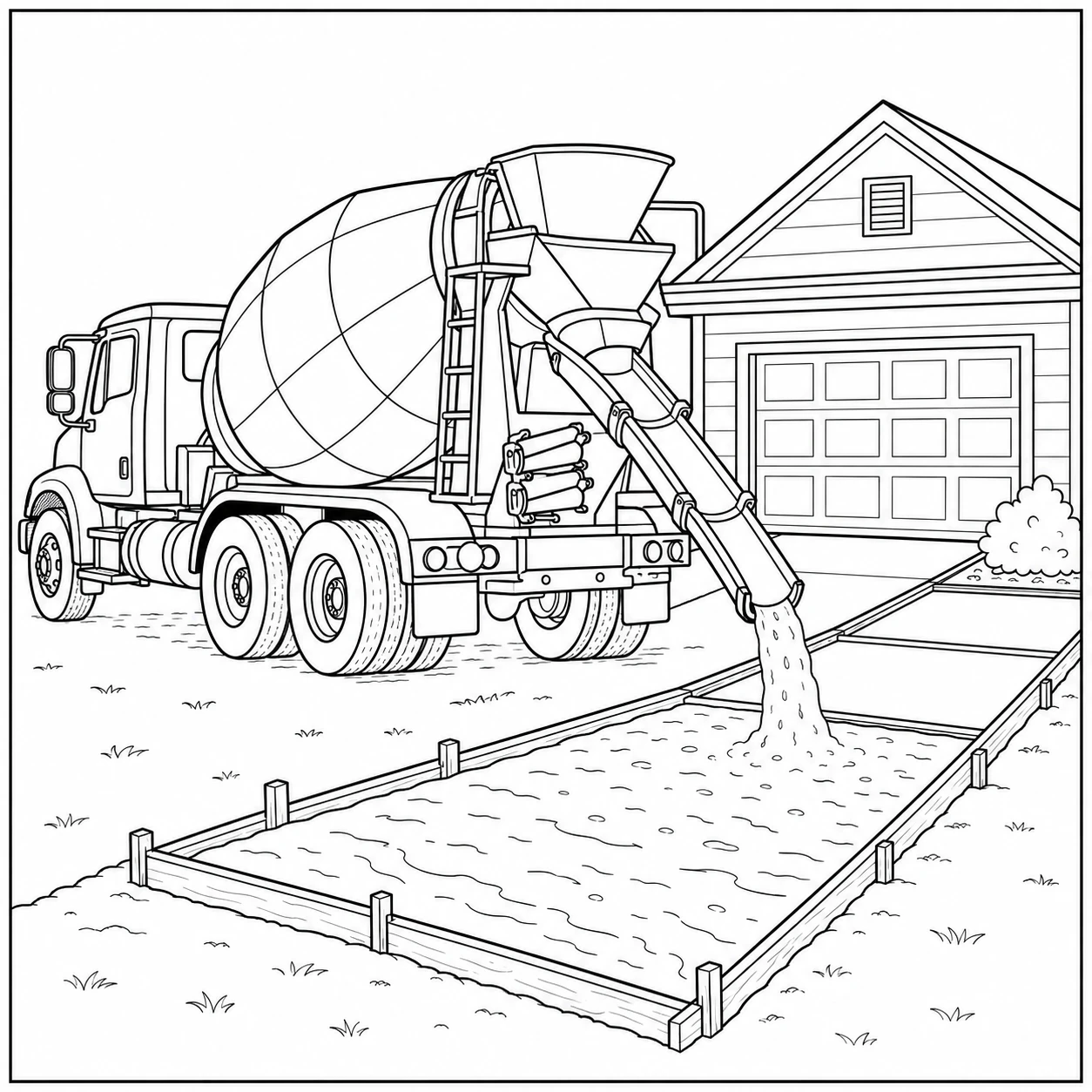 Betonmixer vult via een lange goot een nieuwe oprit voor een huis met garage.