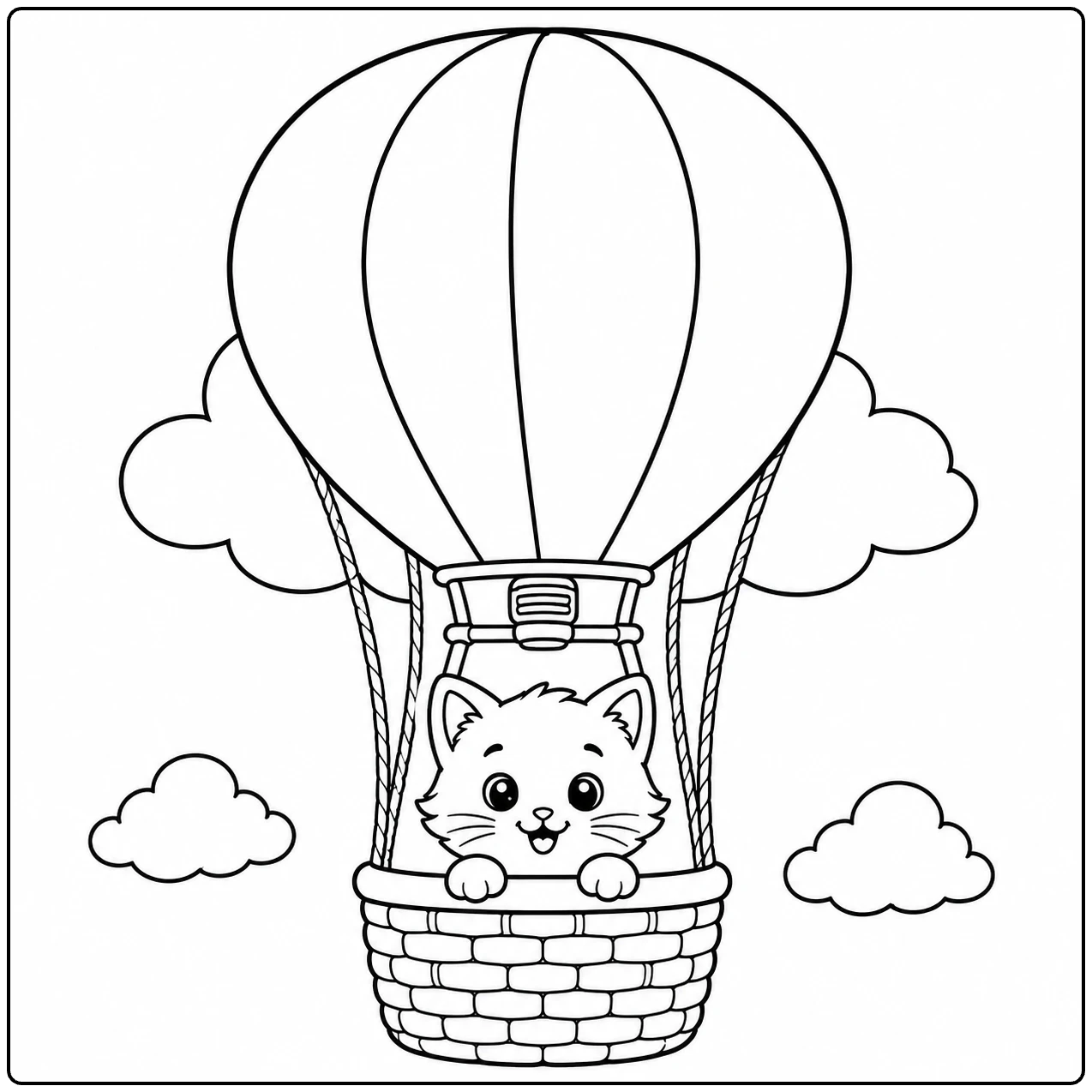 Katje in een stenen ballonmand tussen vier wolken onder een grote ronde ballon