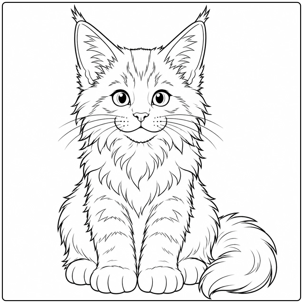 Zittend Maine Coon-katje kijkt recht vooruit met grote ogen en een gekrulde staart.