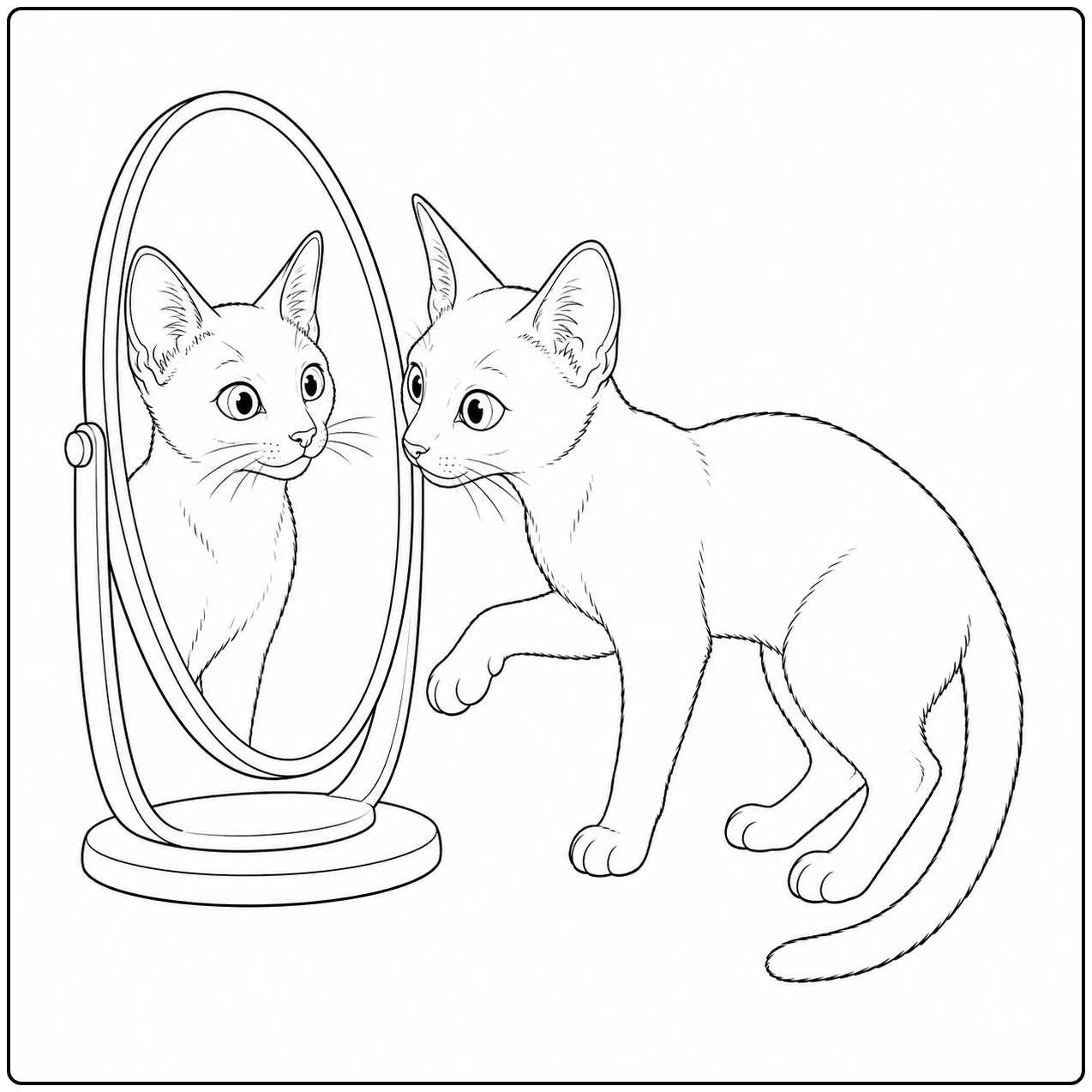 Kat staat voor een ovale spiegel en raakt bijna met haar neus de nieuwsgierige weerspiegeling.