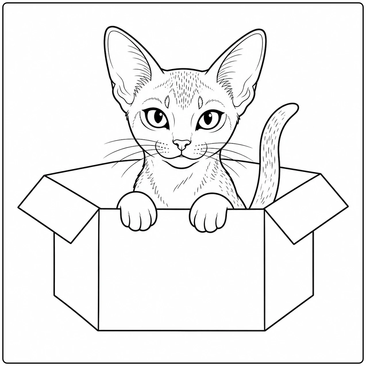Jonge kat gluurt uit een open kartonnen doos met beide voorpoten over de rand.