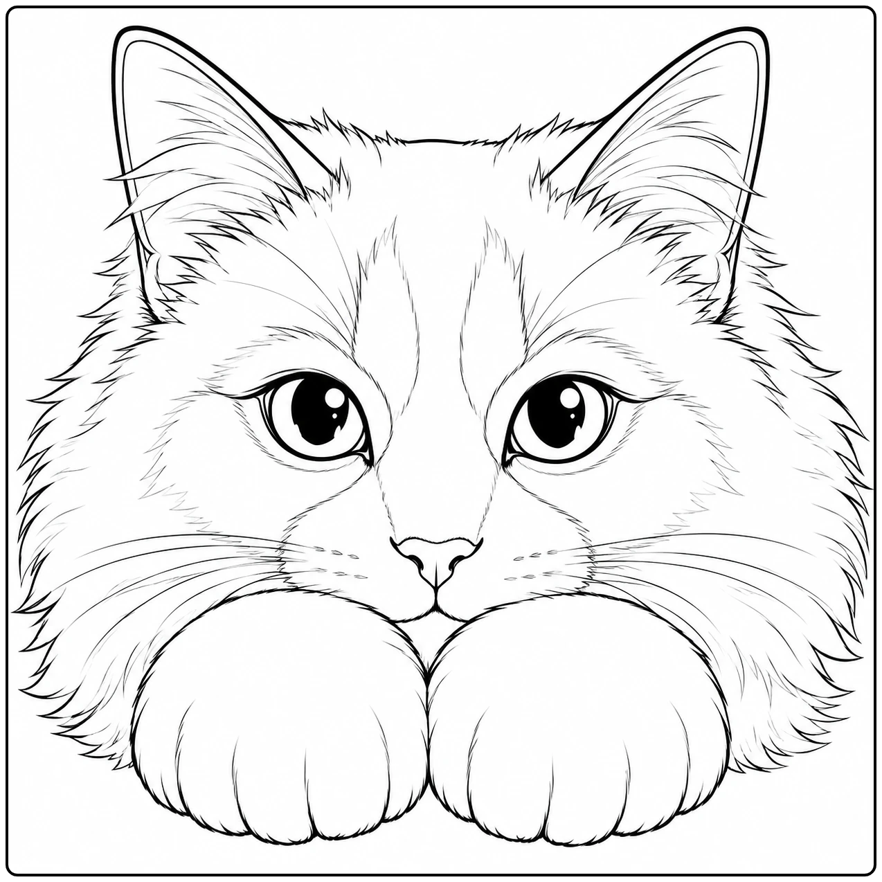 Grote kattenogen en twee zachte voorpoten vullen deze close-up van een langharige Birmaan met spitse oren.