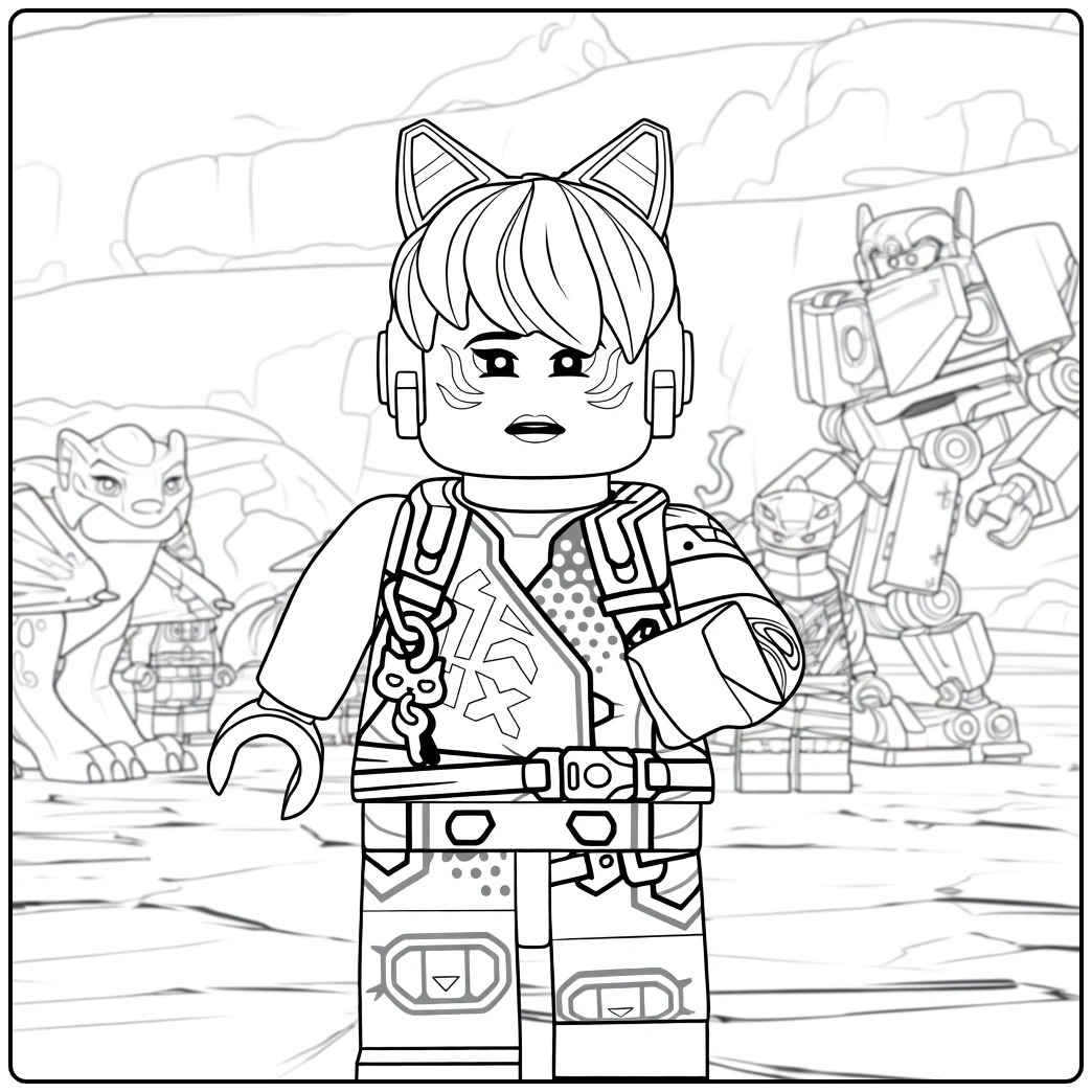 Stilstaande figuur met roze haar, rode katteoren en gestreepte gezichtsmarkeringen kleurplaat Sora ninjago