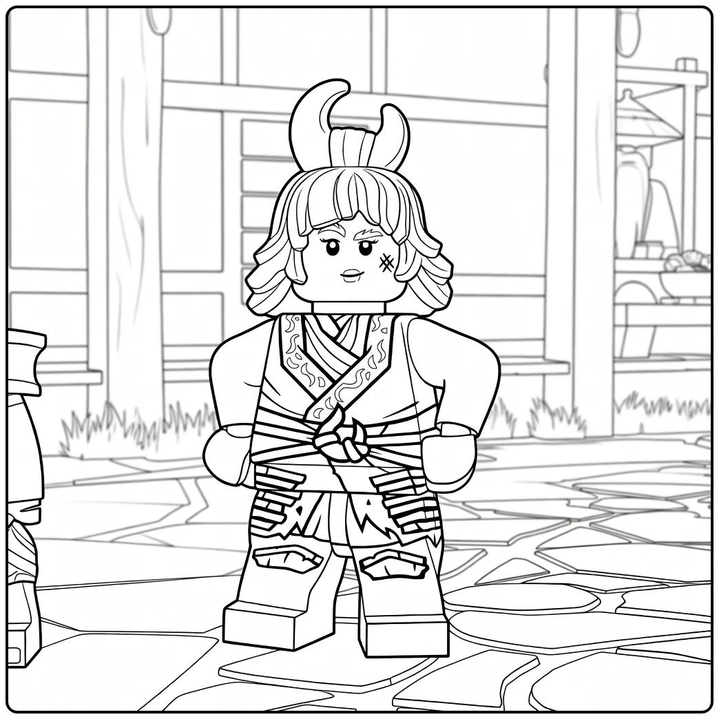 Wyldfyre ninjago kleurplaat van een figuur met golvend haar en gouden hoorns die met handen op de heupen staat