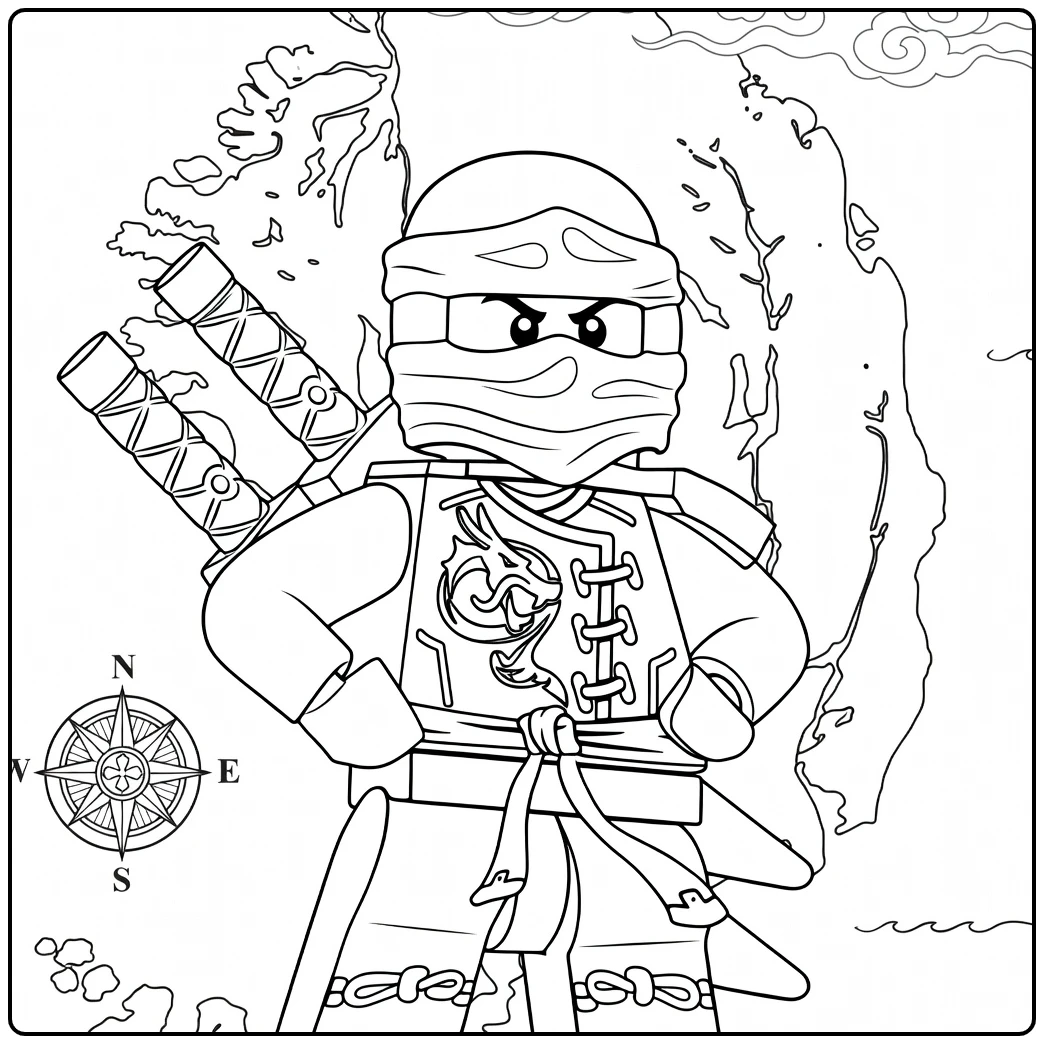 lloyd ninjago kleurplaat van een staande figuur met handen op heupen en drakenprint