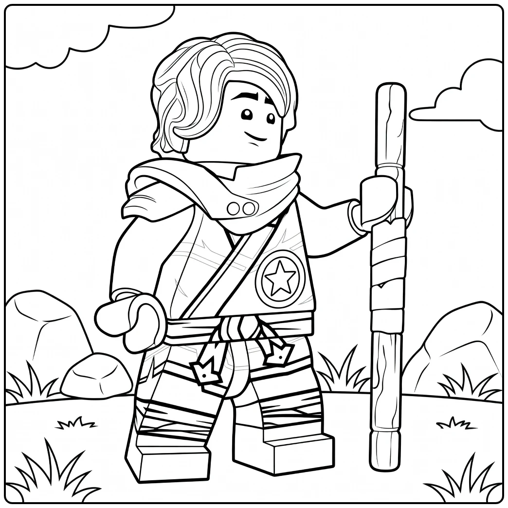 Figuur met golvend wit haar en groene hoodie die een hoge staf vasthoudt lloyd ninjago kleurplaat