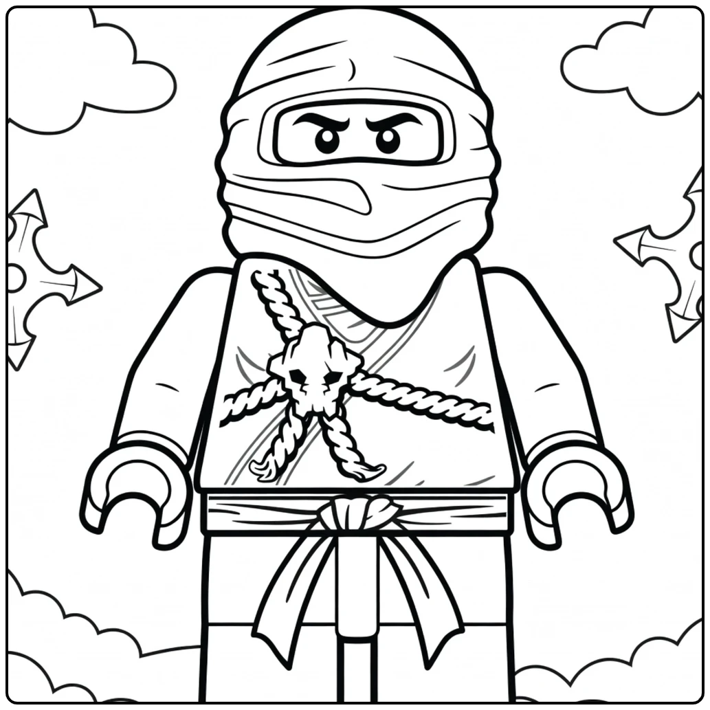 kleurplaat ninjago cole met een ninja figuur met schedel embleem en touwen op de borst