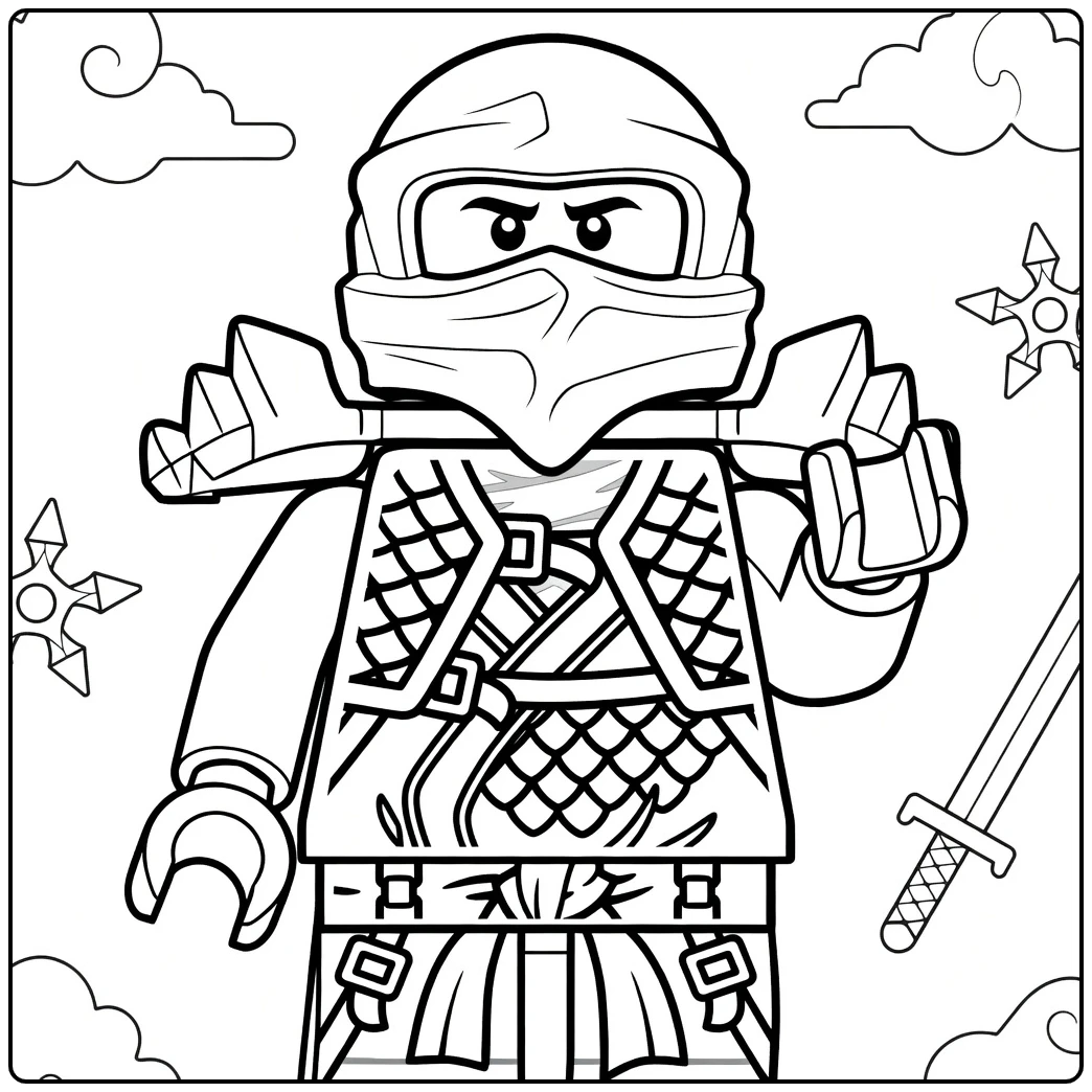 kleurplaat ninjago cole met Cole die rechtop staat en armen licht vooruit houdt in ninja-uitrusting
