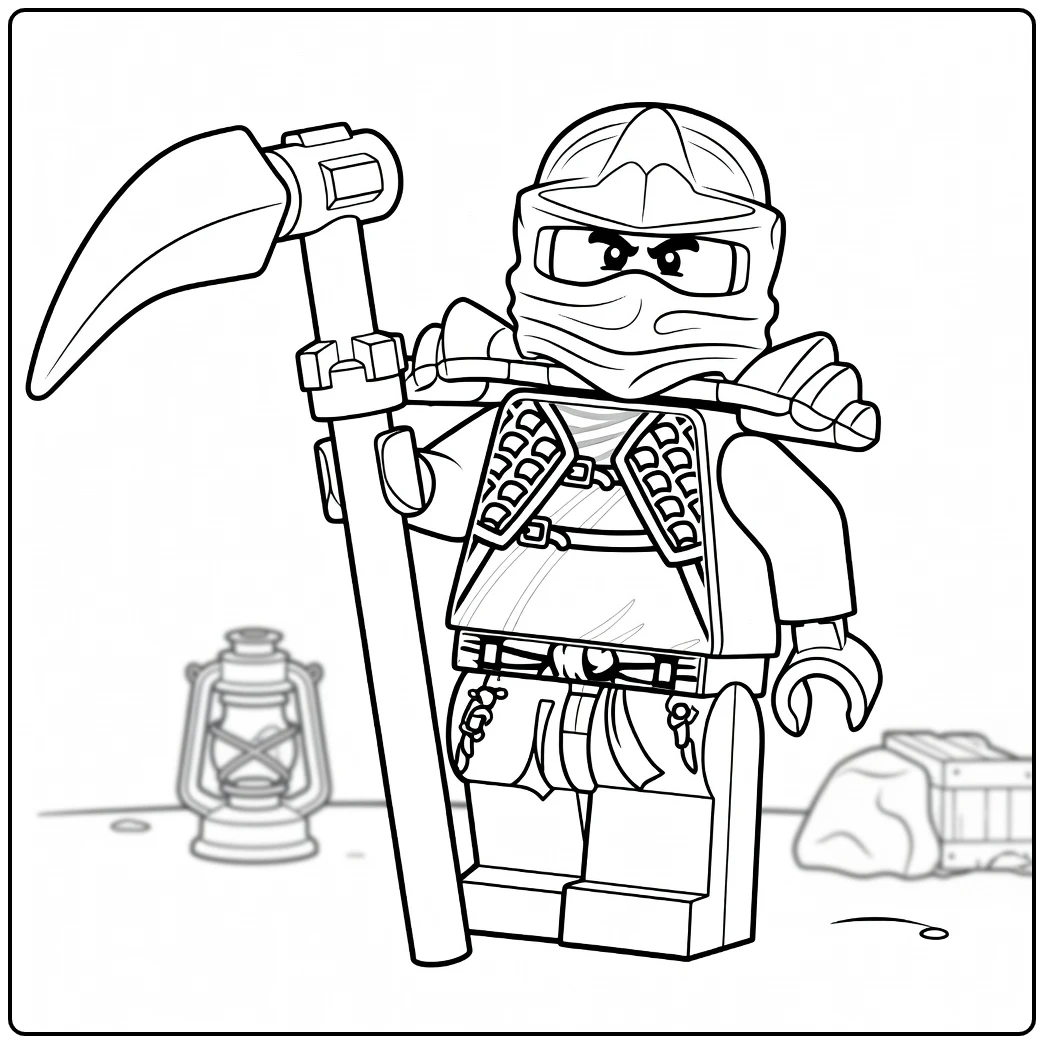 Ninjago Cole in zwart harnas met zilveren helm en groot gouden wapen kleurplaat ninjago cole