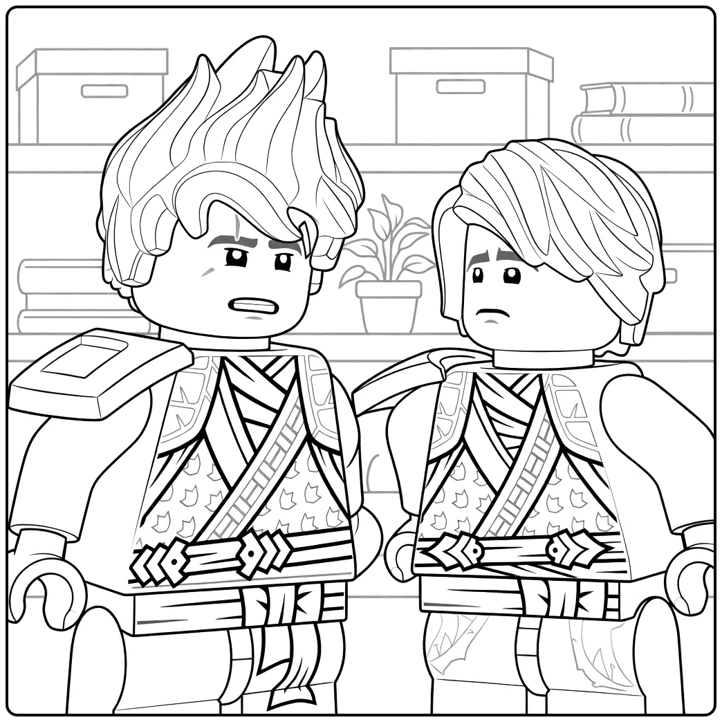 Twee Ninjago figuren met spiky haar en wit haar in gewaden naast elkaar kleurplaat ninjago kai