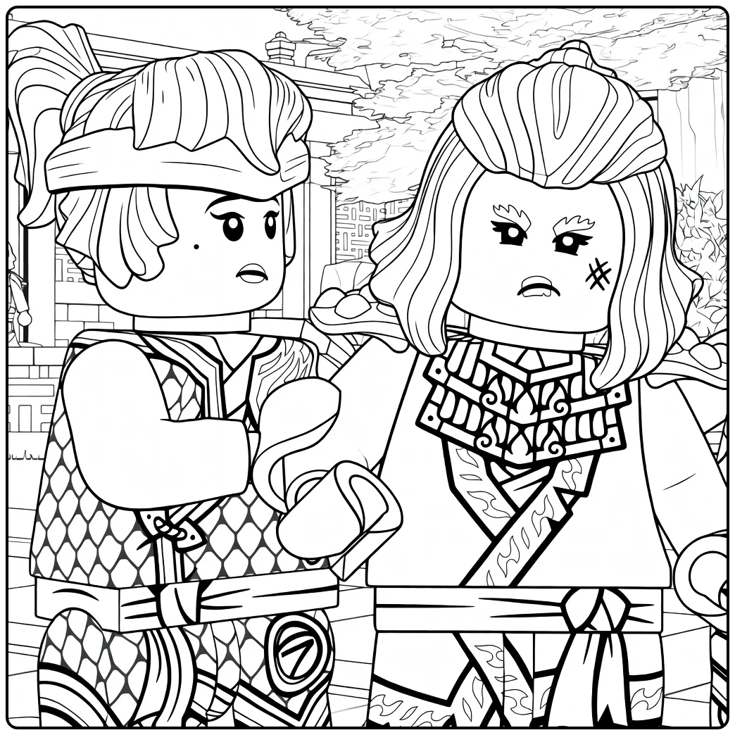 Wyldfyre ninjago kleurplaat met twee minifiguren arm om schouder voor traditionele gebouwen