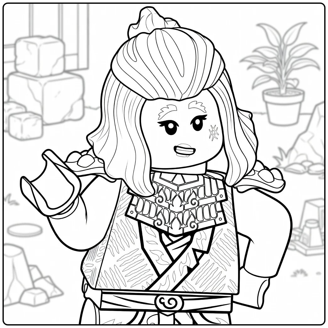 Wyldfyre ninjago kleurplaat met staande figuur, rode haar in hoge knot en bruin harnas