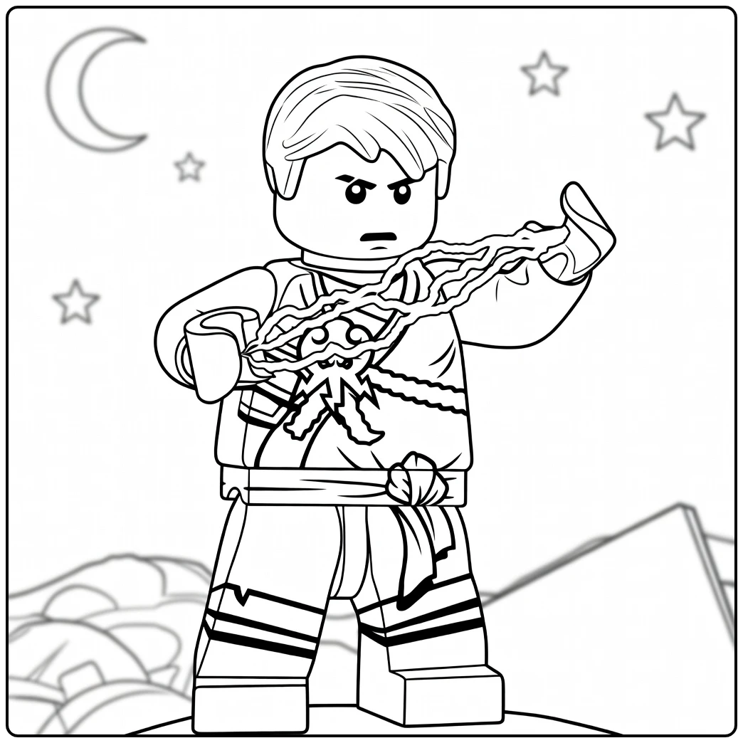 Ninjago Jay staat met uitgestrekte arm en straalt energie uit kleurplaat ninjago jay