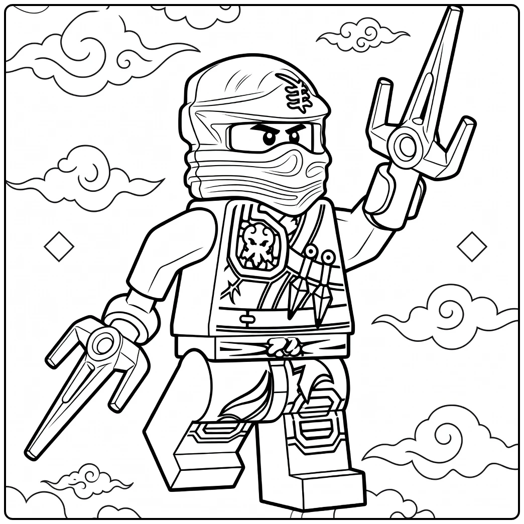 kleurplaat ninjago jay van een ninja figuur met masker en gouden wapens