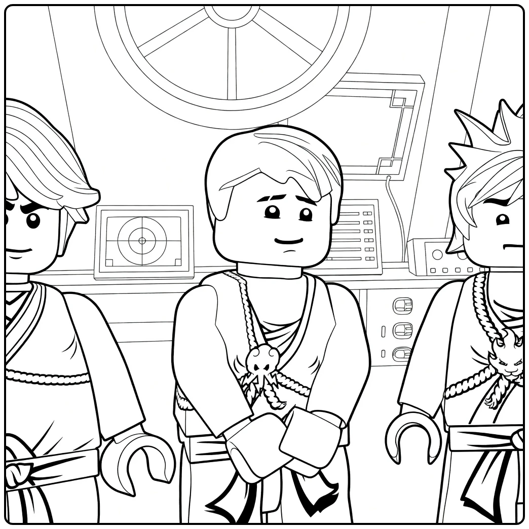 Drie Lego-minifiguren met gele hoofden en verschillende kapsels staan naast elkaar voor controlepanelen, kleurplaat ninjago jay