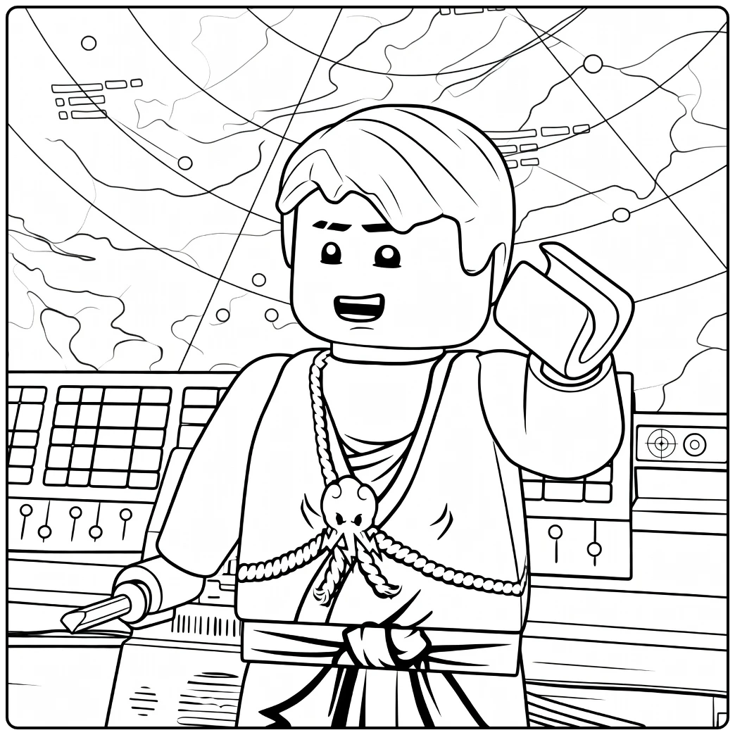 kleurplaat ninjago jay met een staande figuur die een zwaard en apparaat vasthoudt voor een wereldkaart
