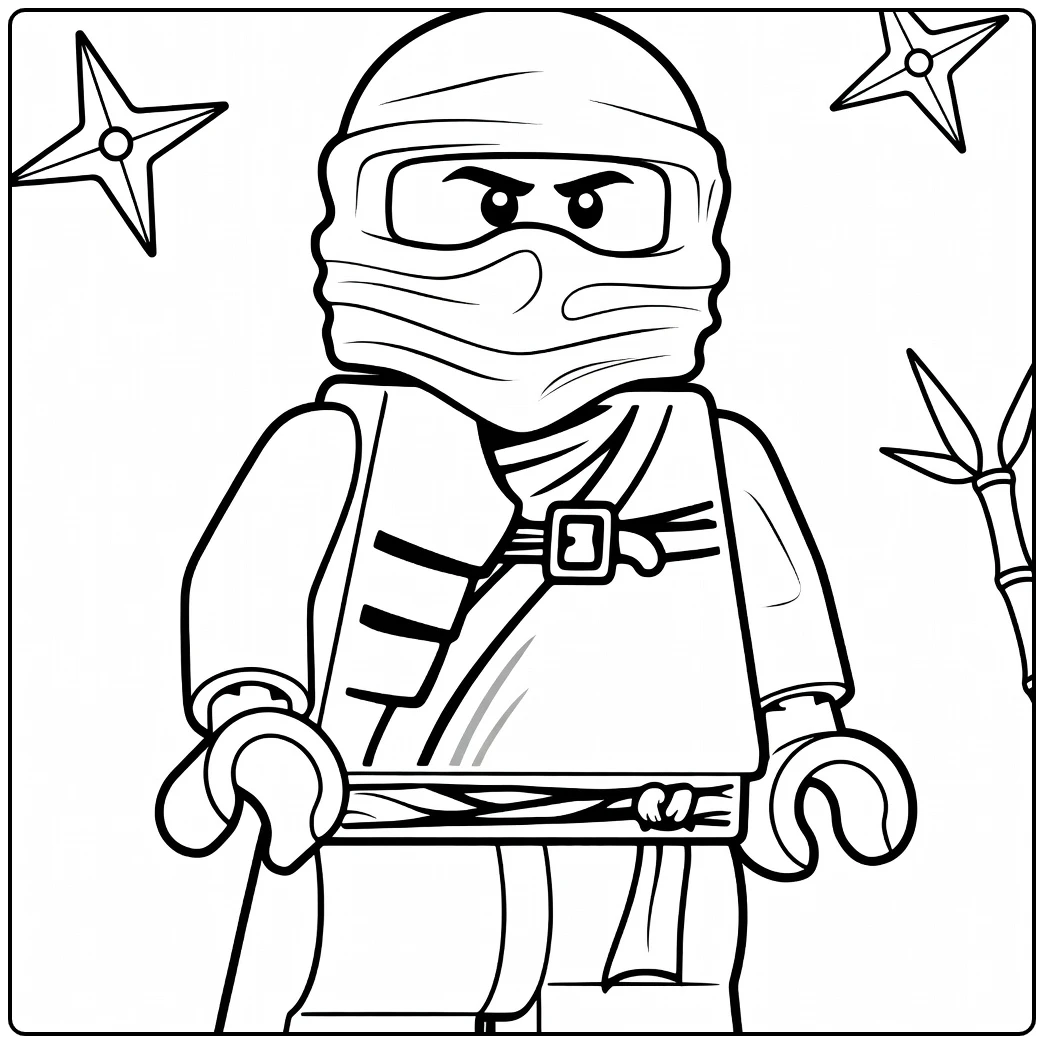 kleurplaat ninjago jay van een minifiguur met blauwe ninja tuniek en masker