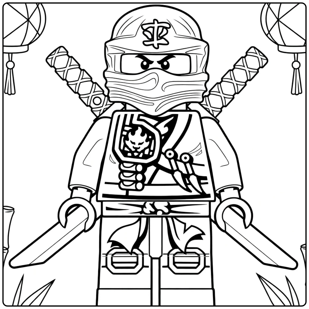 kleurplaat ninjago kai van een frontale ninja in rood harnas met zwaarden