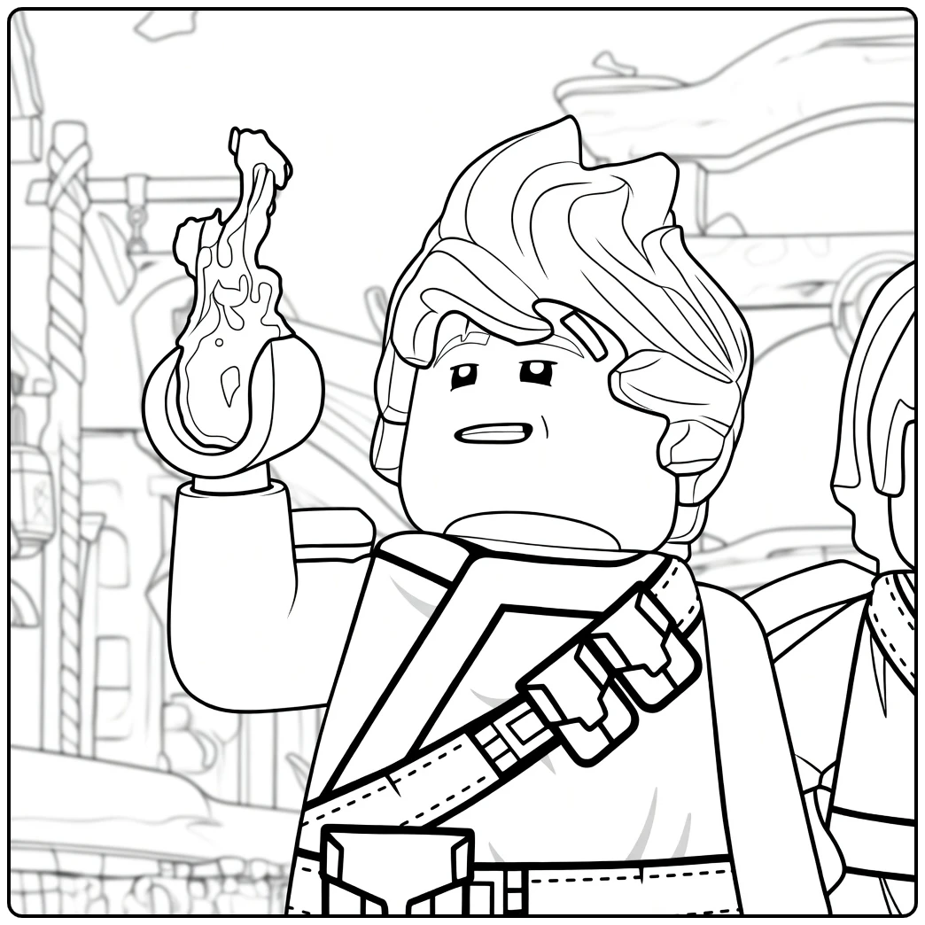 kleurplaat ninjago kai met een figuur die een vlam vasthoudt en zijn arm opsteekt