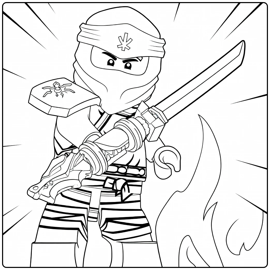 kleurplaat ninjago kai met een ninja die een groot zwaard naar voren zwaait in dynamische houding