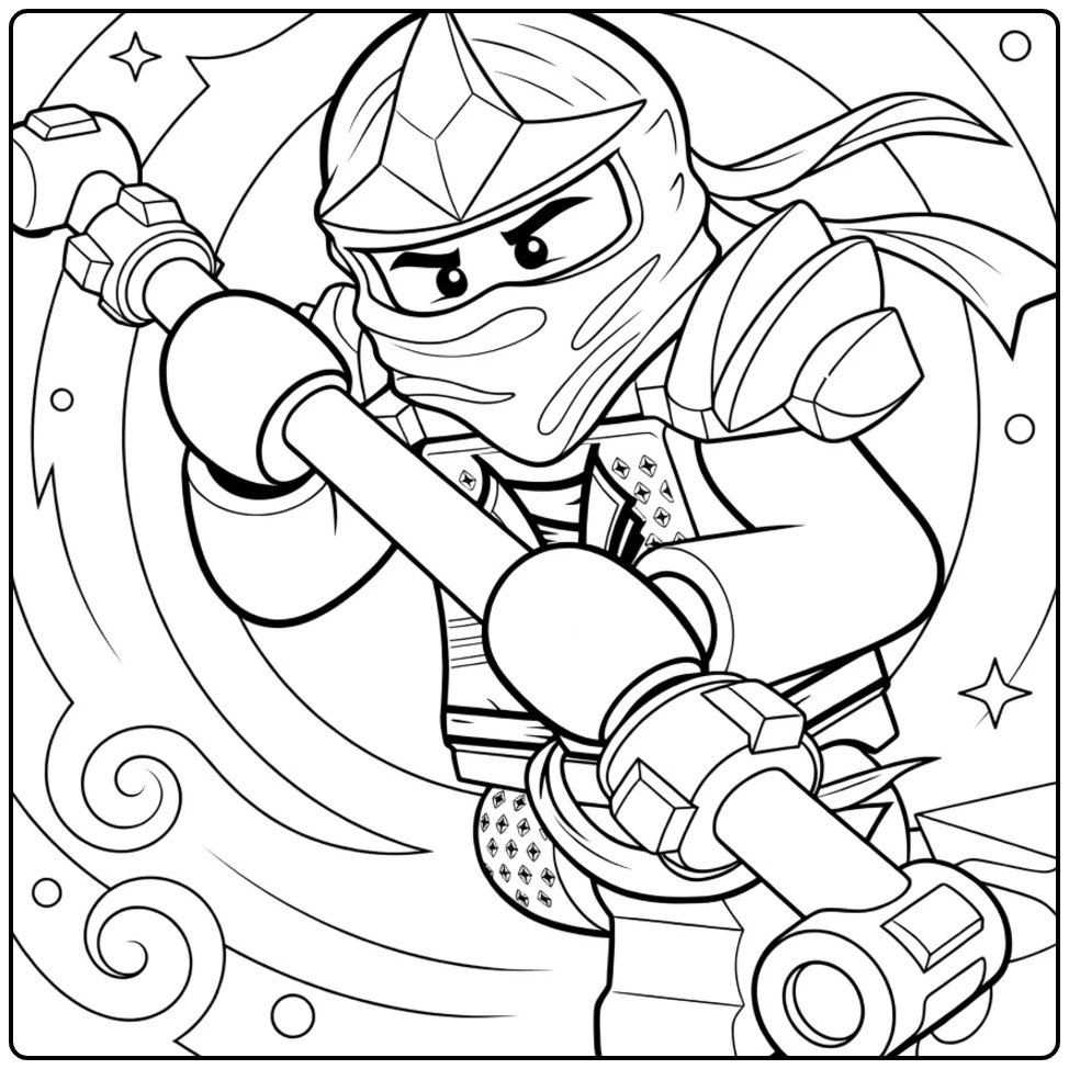 ninjago krijger met zilveren helm en twee gouden wapens in lunge pose ninjago kleurplaat