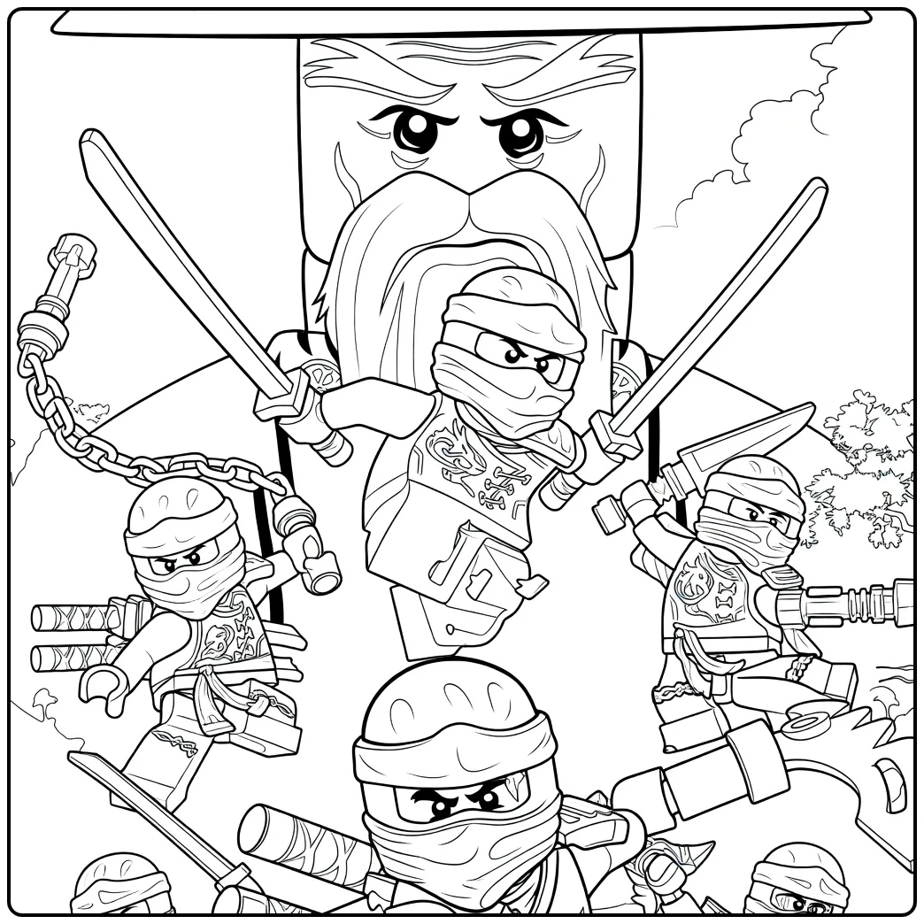 ninjago kleurplaat met gemaskerde krijgers in sprong en wapens getrokken voor een groot baardig gezicht