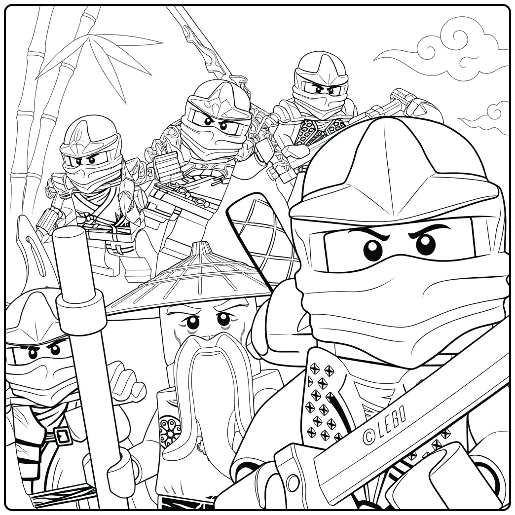 ninjago kleurplaat van een groep ninja krijgers in harnassen met zwaarden en staf