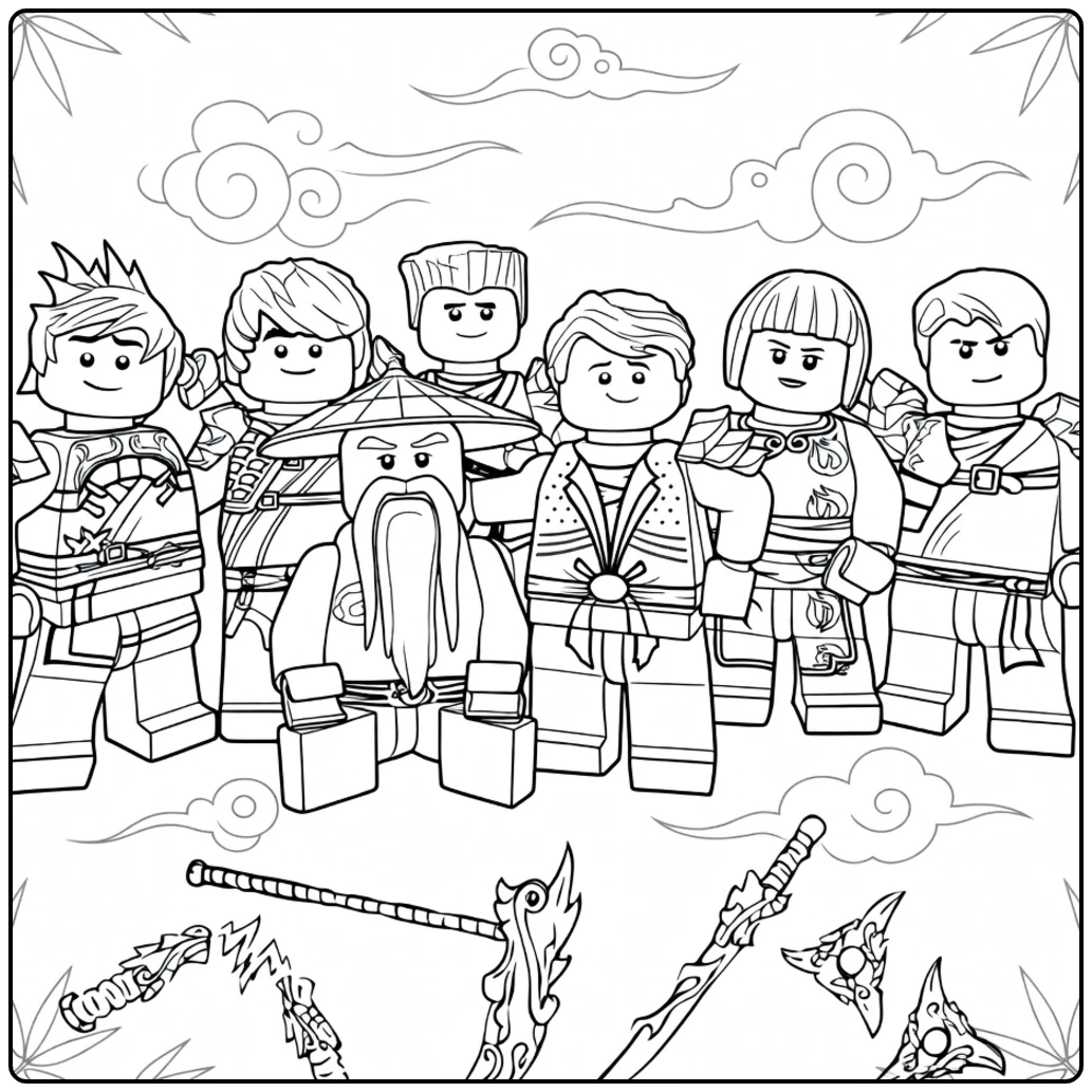 ninjago kleurplaat van minifiguren met hoeden en wapens die zij aan zij staan